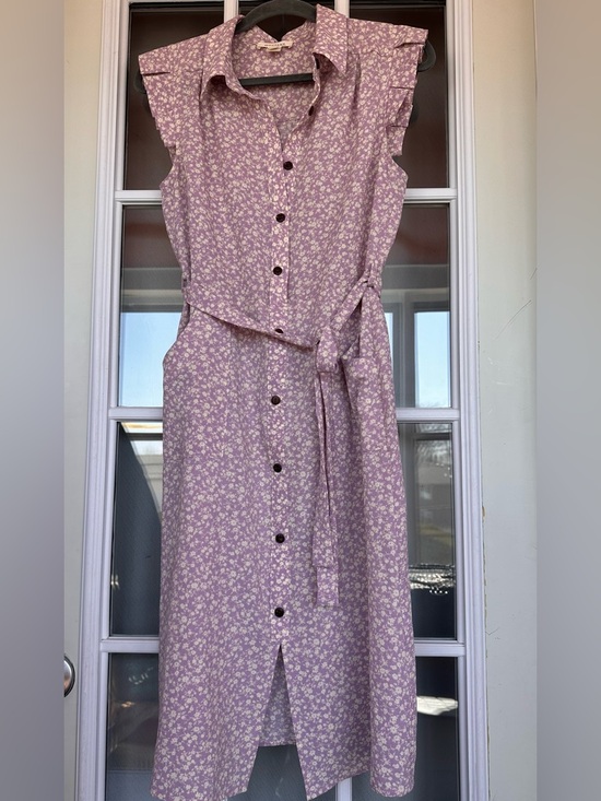 Monteau Dresses & Skirts - Monteau Georgette Purple Cream Floral Button FrontTie Shirt Midi Dress - size L